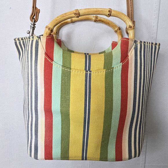 FOSSIL Sriped Canvas Crossbody Purse Bag Bamboo Handles Leather Detachable Strap - Picture 3 of 7